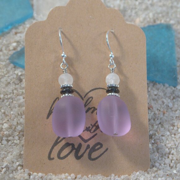 Handmade Purple Sea Glass Beaded Dangle Pierced or Clip-on Earrings - Picture 2 of 5